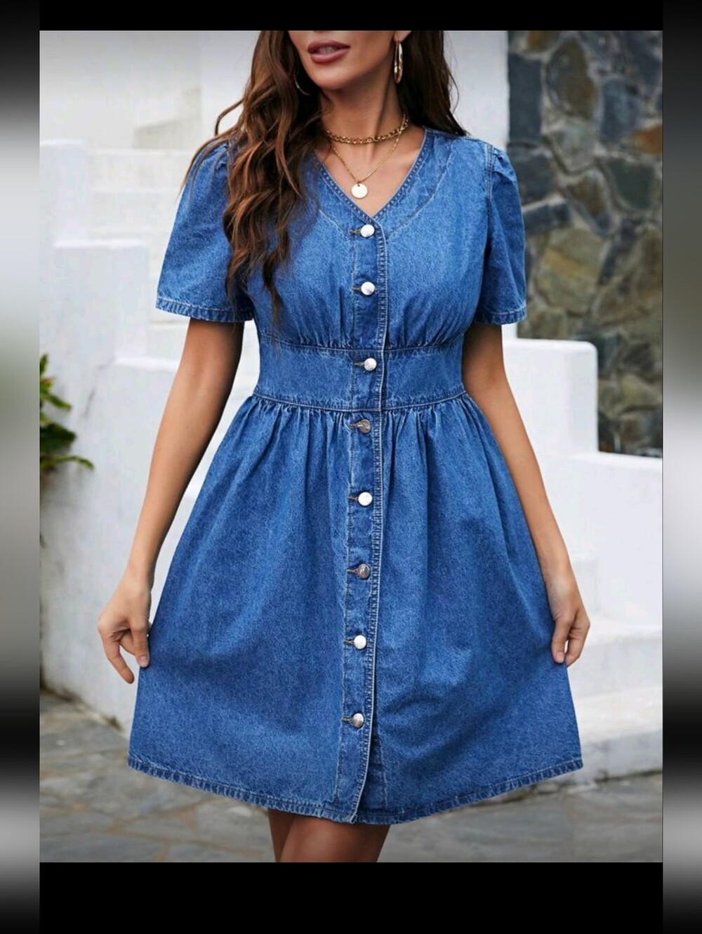 Denim Button-Front V-Neck Dress 💙
